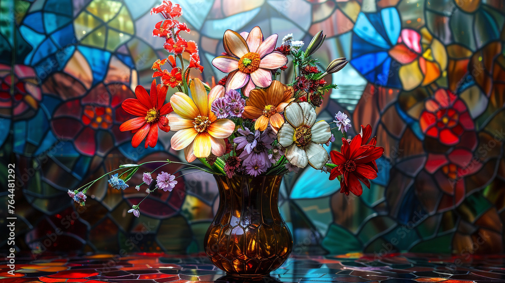 flowers in vase, vase with flowers, A photo of a multi layered 3D stained glass High detailed and high resolution smooth and high quality photo professional photography