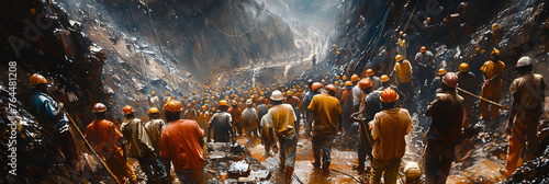 African Miners Working in a Mine in Congo ,
A picture of soldiers in a cave with the light on the wall behind them
 photo