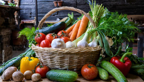 かごいっぱいの野菜。野菜の盛り合わせイメージ。美味しそうな新鮮野菜。A basket full of vegetables. Image of assorted vegetables. Delicious fresh vegetables.