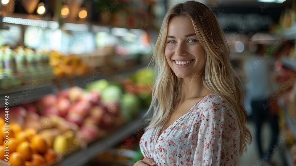 Smiling Pregnant Woman With Shopping In Supermarket