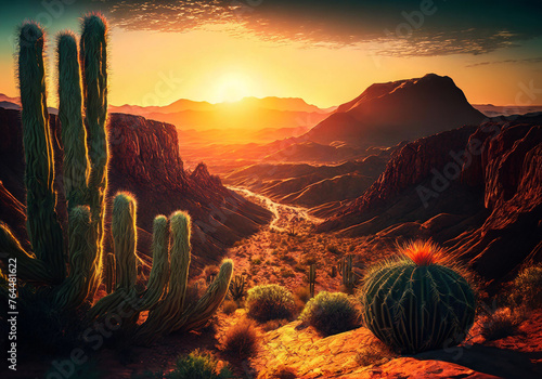sunset over desert landscape with canyon and cactus trees relistic illustration photo