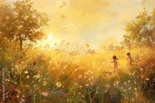 A nostalgic wallpaper illustration evoking the warmth and nostalgia of the golden hour, with children playing in a sunlit meadow, Generative AI