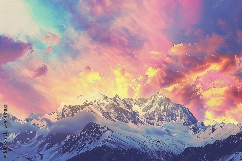 A picturesque wallpaper design featuring a mountainous terrain bathed in the warm glow of the golden hour, with snow-capped peaks illuminated, Generative AI
