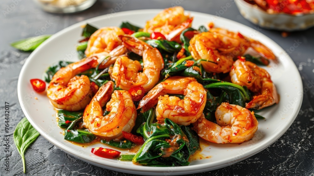Fried prawns or shrimps with spinach, chili and garlic in white plate. Fried prawns or shrimps with spinach, chili and garlic in white plate.