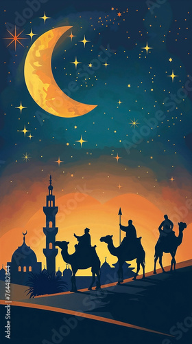 A mosque silhouette in the background, people on camels under one moon, a night sky with stars