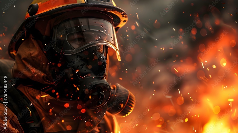 Portrait of a firefighter among burning flames Portrait of a firefighter among burning flames