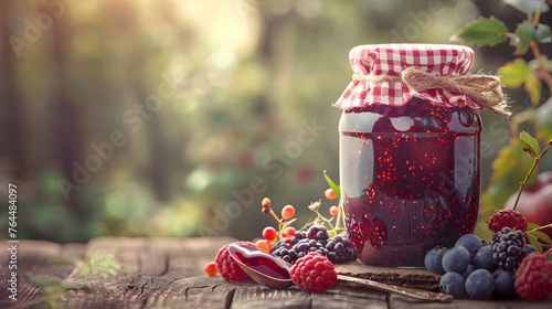 Vintage Aesthetic: Homemade Berry Jam in a Glass Jar on Rustic Table Setting, Accented with Fresh Berries and an Antique Spoon