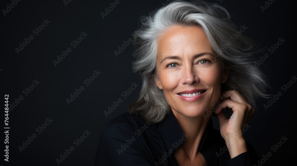 Adult woman with smooth healthy face skin. Beautiful aging mature woman with gray hair and happy smiling touch face, black background Adult woman with smooth healthy face skin. Beautiful aging mature woman with gray hair and happy smiling touch face, black background