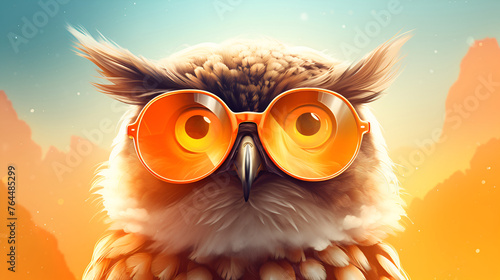 A close up of a wise owl with glasses close up picture raptor eyes wisdom with golden light background 