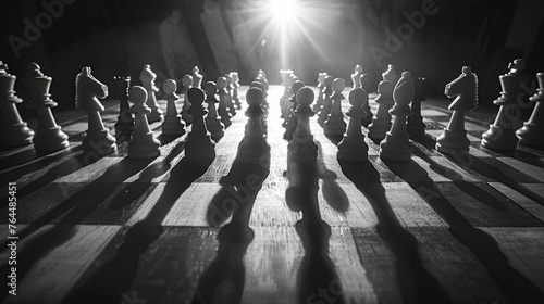 Business strategizing, chess pieces on a board, shadow play symbolizing tactics