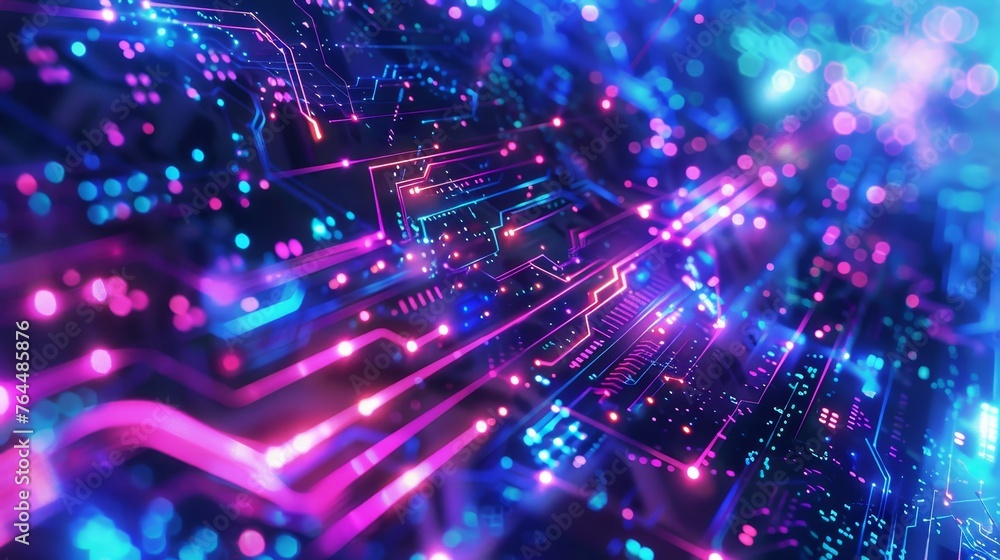 Circuit board futuristic server code processing. Orange, green, blue technology background with bokeh. Circuit board futuristic server code processing. Orange, green, blue technology background with bokeh.