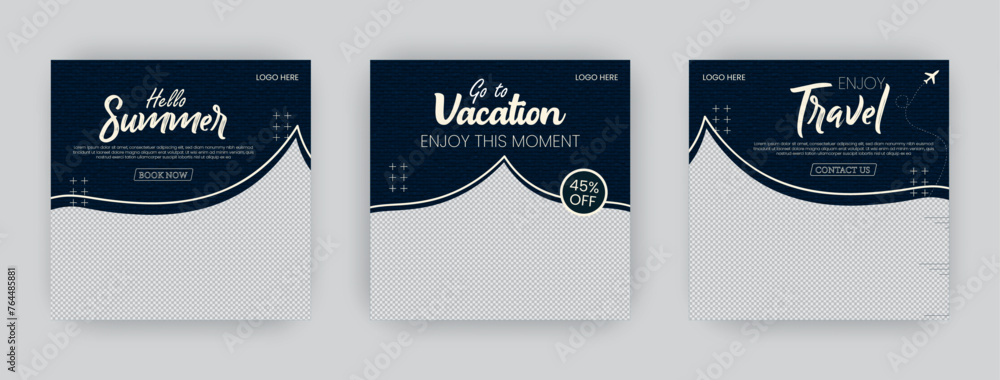 Set of three adventure travel poster templates. Dream vacations explore now. Travel agency world tour pack template,  social media web post banner design - obrazy, fototapety, plakaty 