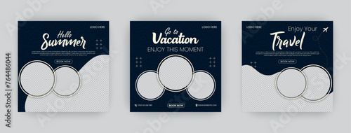 Set of three adventure travel poster templates. Dream vacations explore now. Travel agency world tour pack template, social media web post banner design
