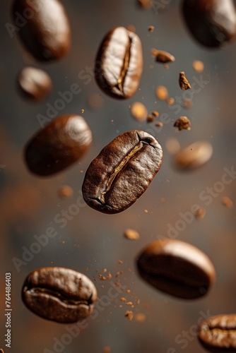 Flying coffee beans over dark falling down fresh coffee beans