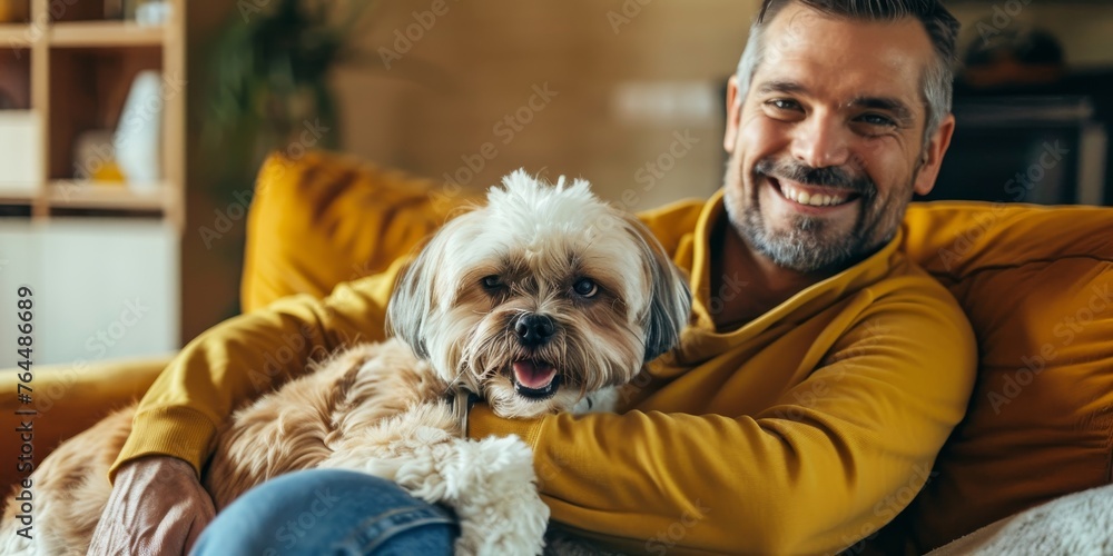 Senior man at home with their adorable scruffy little dog.pet friendly concept. Senior man at home with their adorable scruffy little dog.pet friendly concept.