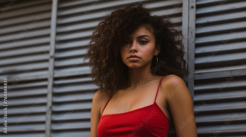 Create an image featuring a young woman with Hollywood Waves hairstyle, donning a fitted red crop top and high-waisted dark jeans. Create an image featuring a young woman with Hollywood Waves hairstyle, donning a fitted red crop top and high-waisted dark jeans.