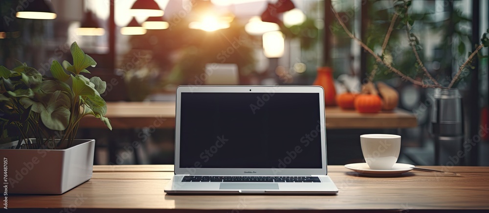A sleek and contemporary laptop placed on a rustic wooden table, accompanied by a hot cup of coffee emitting steam A sleek and contemporary laptop placed on a rustic wooden table, accompanied by a hot cup of coffee emitting steam