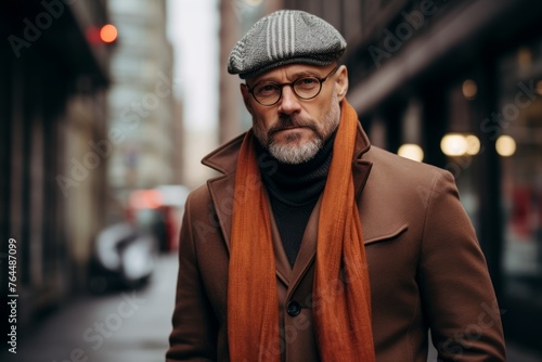Portrait of a bearded middle-aged man in a beige coat and a red scarf on the street. © Inigo