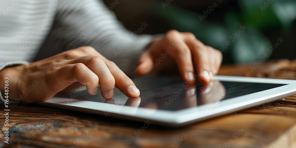 Fototapeta premium Fingers Swiping Through Digital News and Information on a Tablet for Staying Informed and Knowledgeable in Modern,Connected Lifestyle