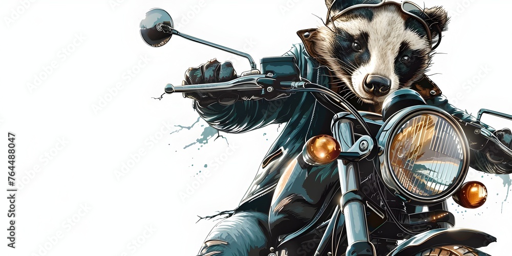 Biker Badger on Motorcycle Speeding Through Road Stripes and Burrows on White Background with Copy Space