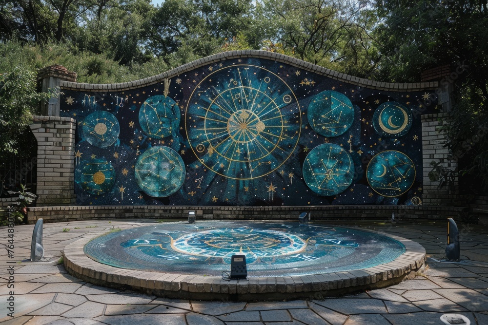 A fountain located in a park with a vibrant mural painted on its surface, adding artistic flair to the outdoor space