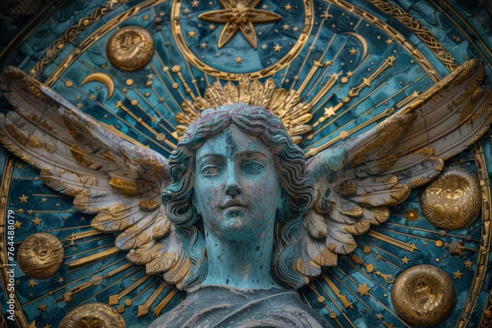 Detailed view of a statue portraying an angel, featuring intricate craftsmanship and a sense of divine presence