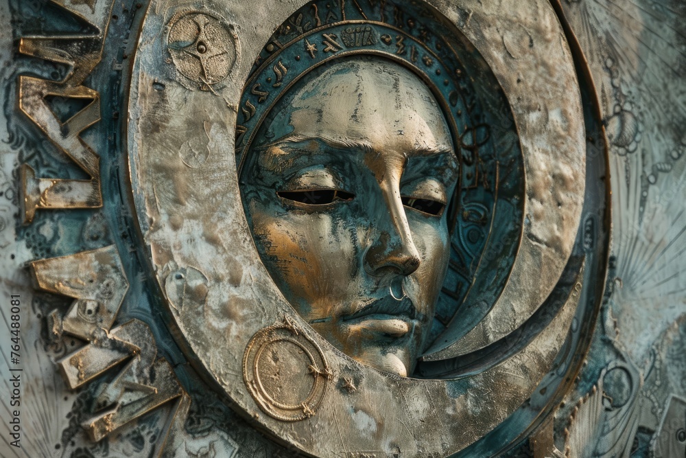 Detailed view of a face sculpture mounted on a wall, depicting intricate features and expressions