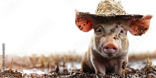 Charming Farmyard Pig in Straw Hat Amid Muddy Crops on Pristine White Background