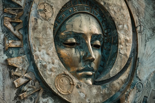 Detailed view of a face sculpture mounted on a wall, depicting intricate features and expressions