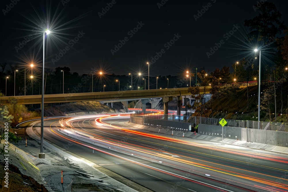 A highway at night, brightly illuminated by lights, showcasing the infrastructure and urban transportation system