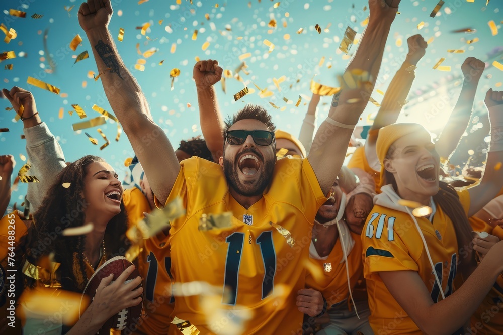Joyful team celebrations with group of people in yellow jerseys surrounded by confetti, depicting moments of camaraderie and teamwork after a victory