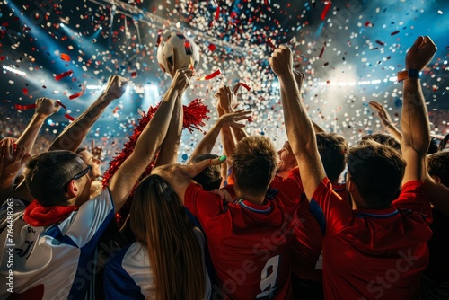 A joyful group of people holding a soccer ball and cheering amidst confetti  celebrating a victory or achievement together