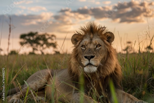 A lion laying down in a field of tall grass  blending in with its surroundings