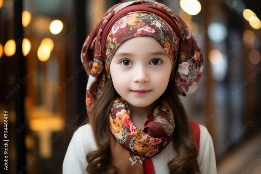 Portrait of a cute little girl in a headscarf. Portrait of a cute little girl in a headscarf.