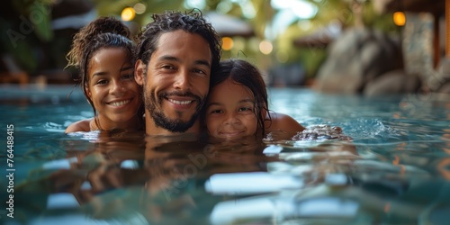 Portrait of smiling father and daughter in swimming pool. Summer family vacation.