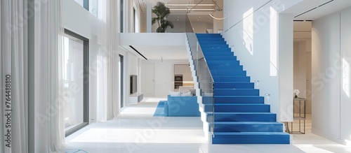 A modern and sleek blue staircase in a building, leading up to the second floor with no obstacles in sight