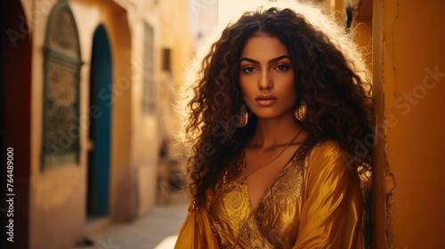 Moroccan Woman with curly hair in golden dress. Luxury and premium