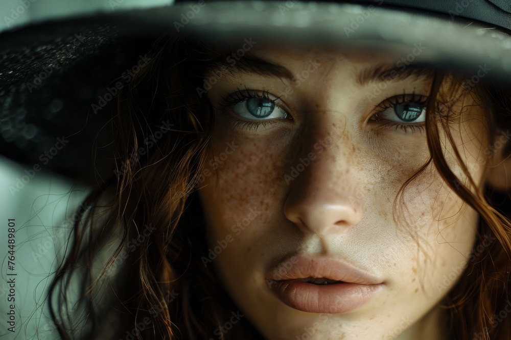 Close-up portrait of a woman with freckles wearing a black hat, intense gaze, and natural beauty highlighted.
Close-up portrait of a woman with freckles wearing a black hat, intense gaze, and natural beauty highlighted.