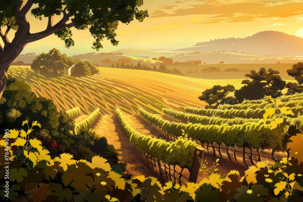 An idyllic wallpaper illustration depicting a tranquil vineyard at golden hour, with rows of grapevines stretching into the distance, Generative AI