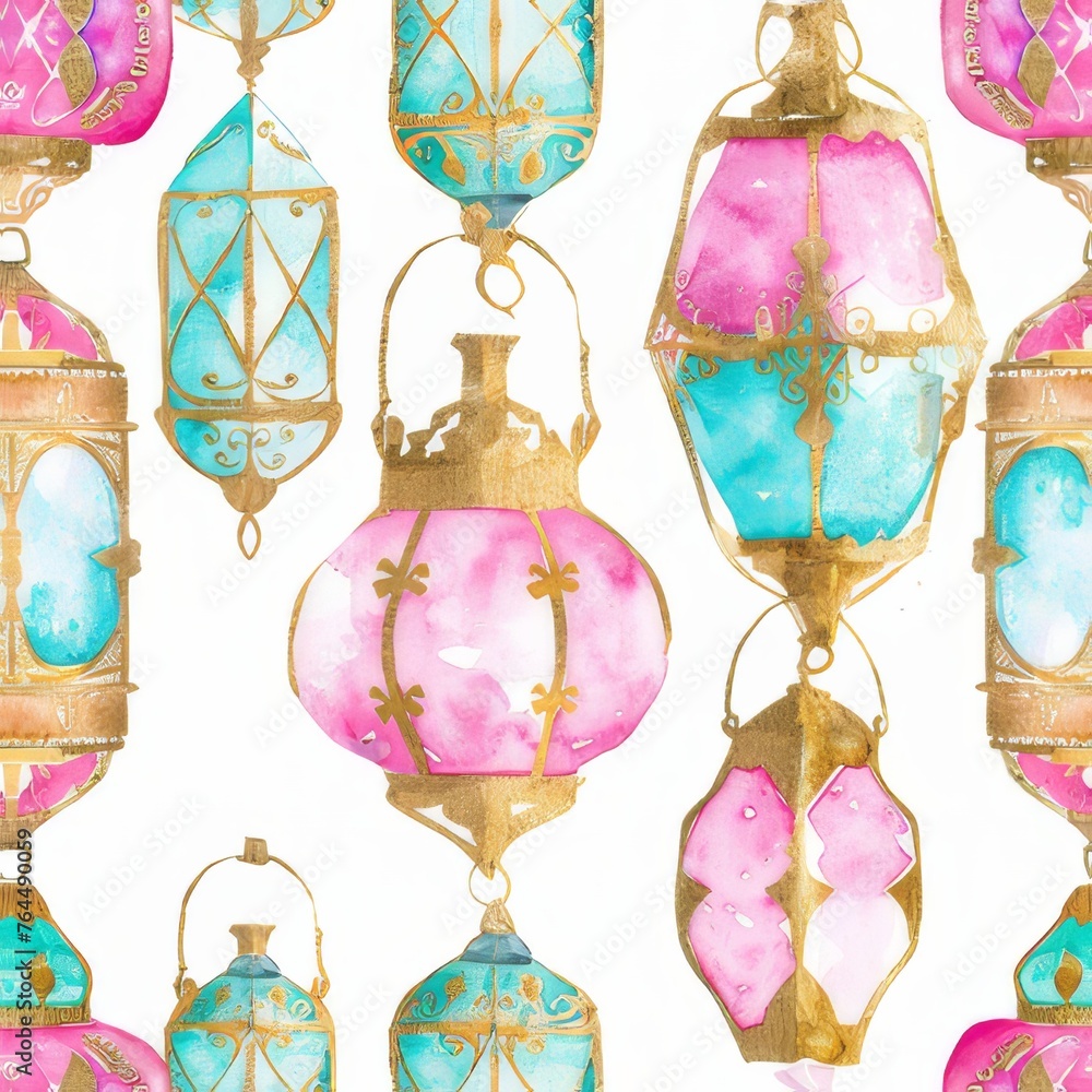 Watercolor pattern with Moroccan lanterns on a white background