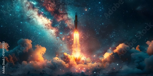 Hope Launched into the Celestial Unknown: Rocket Swiftly Ascends through Starry Night. Concept Space Exploration, Rocket Launch, Night Sky, Celestial Wonders, Hope and Adventure