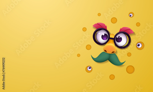 Poster for April Fool's Day. April 1 banner. April Fool's Day with funny glasses in 3D style on a yellow background. Merry spring holiday. Vector illustration.