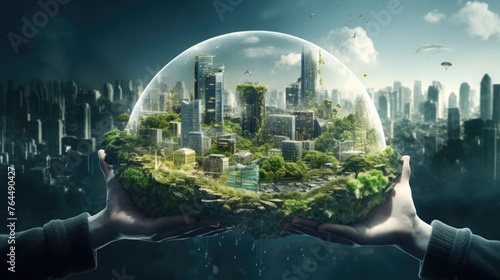 Sustainable environment concept. The image depicts human thinking towards preserving nature, reducing carbon footprint and building sustainable urban community for green future photo
