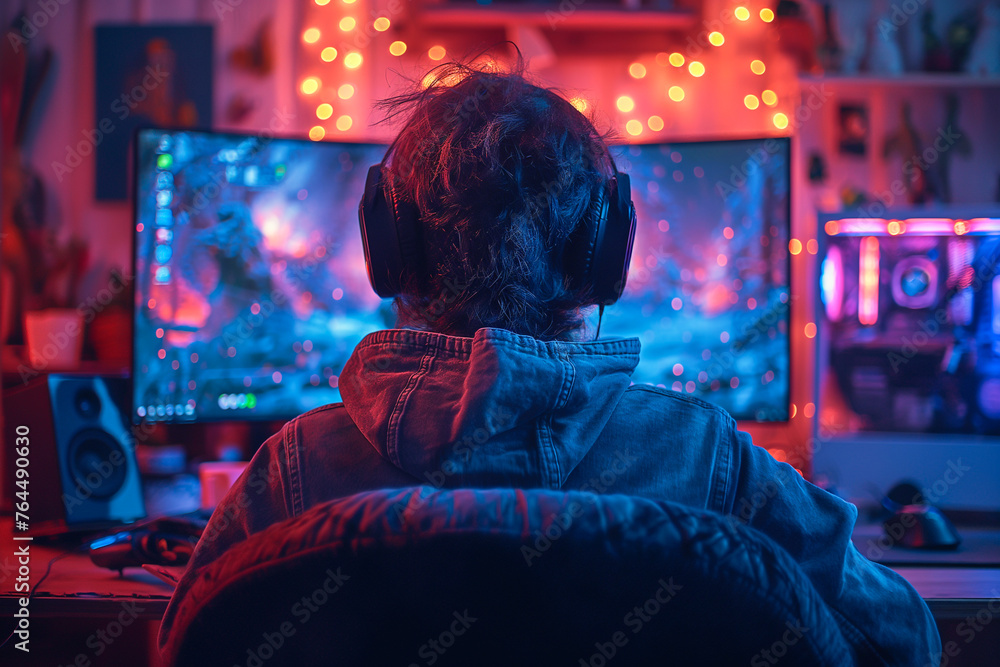 Back view of gamer while sitting at home and playing games