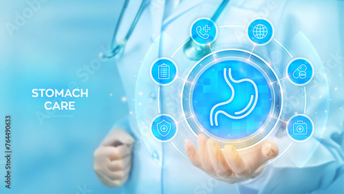 Stomach care. Treatment of stomach and digestive system diseases. Gastroenterology clinic medical banner. Doctor holding in hand Stomach icon and medicine icons network connection. Vector illustration