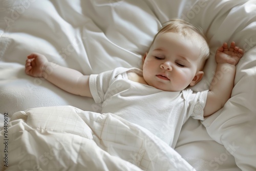 Baby sleeping peacefully in white shirt.