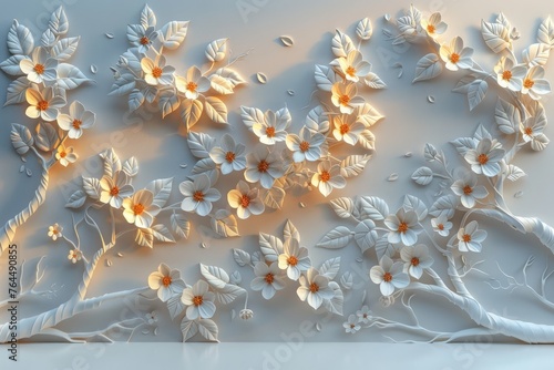  The stunning 3D scenario with golden branches dancing amidst light and shadow on a pure white canvas is adorned with intricate floral designs, enhancing its futuristic allure.