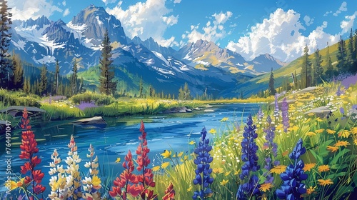 Artistic rendition of wildflowers, river, and mountain, vibrant hues close-up