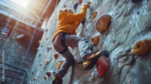 Teenager climbing a rock wall at gym class, determination in focus close-up