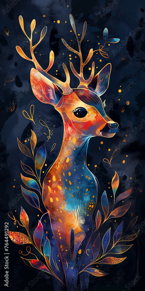 Art deco watercolor high contrast color painting of deer, simple flat background in black